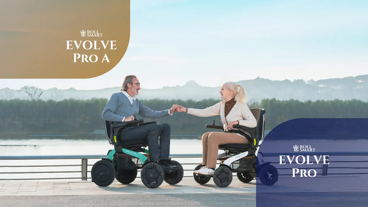 Die Boll-Smart-Evolve-Pro- und Evolve-Pro-Elektro-Rollstühle zeichnen sich durch ein schlankes, modernes Design aus: mit mattschwarzen Rahmen und kräftigen Akzenten in Petrol auf den Rädern.