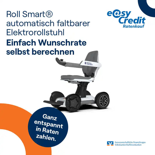 Ein faltbarer elektrischer Rollstuhl mit Joysticksteuerung.