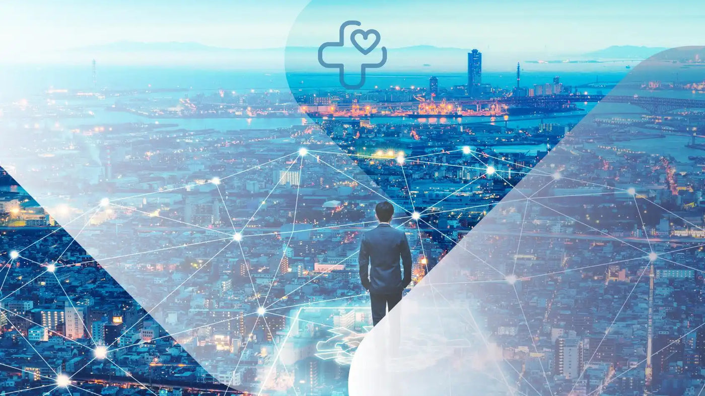 Ein Mann in einem Anzug blickt auf eine futuristische, vernetzte Stadt.