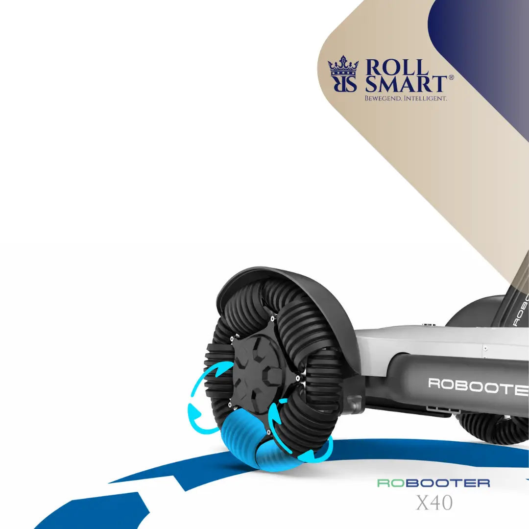 Roll smart® robooter x40 elektro-falt-rollstuhl in schwarz und silber mit mehrschichtigem raddesign und automatisch faltbar