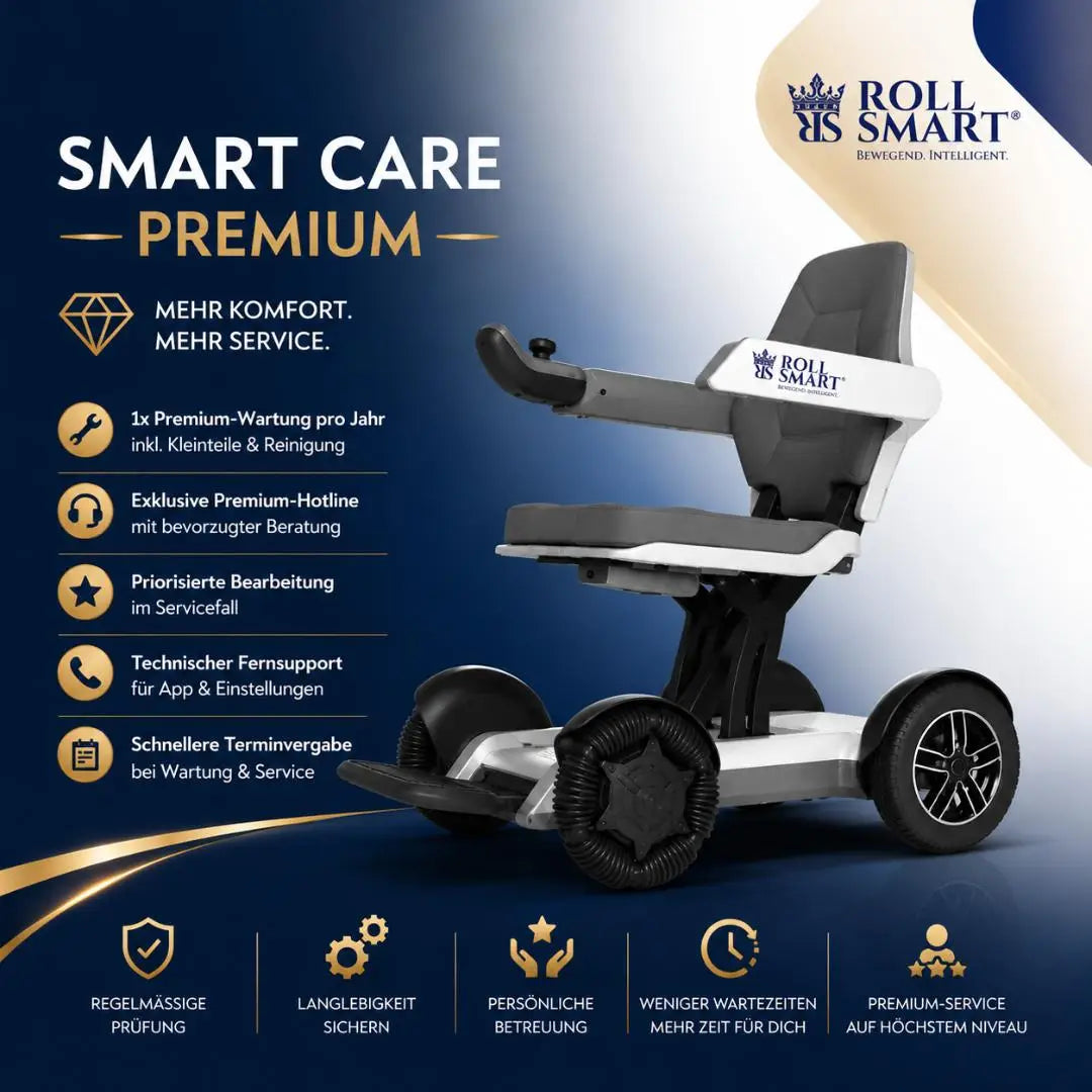 Weißer und grauer smart care premium mobilitätsscooter mit schwarzen rädern für seniorenkomfort