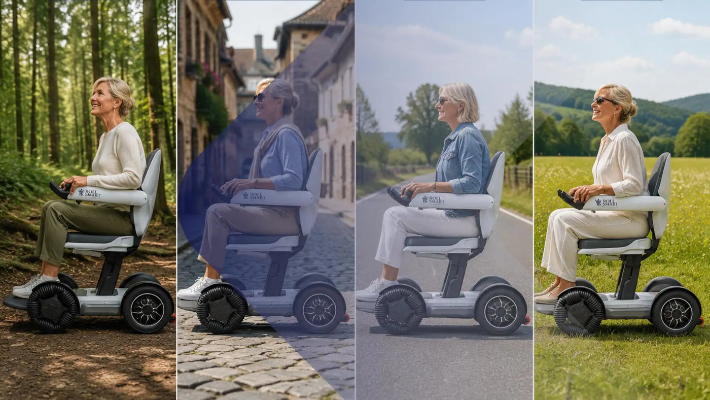 Weißer Mobilitätsscooter mit schwarzen Rädern und einem eleganten, modernen Design
