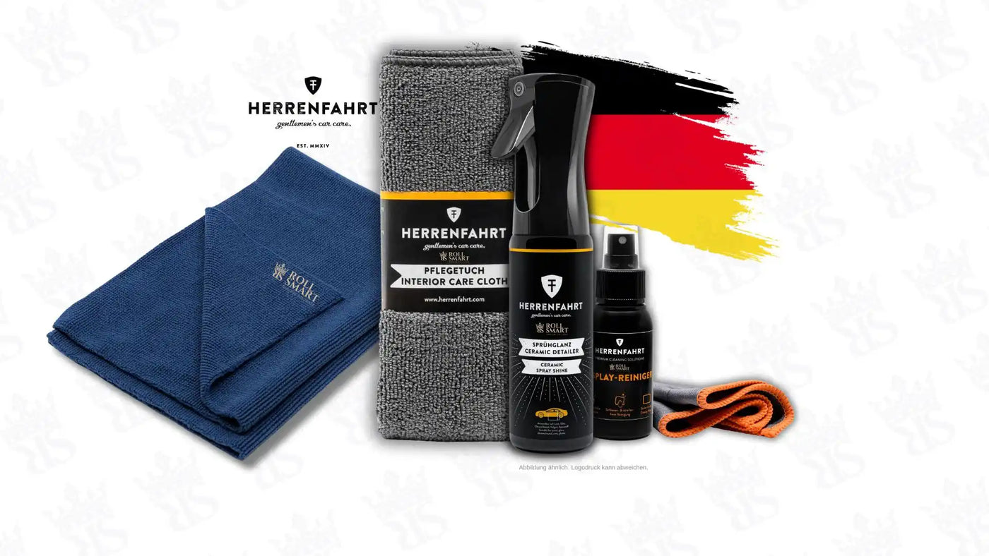 Auto-Innenraum-Reinigungskit mit Mikrofasertüchern und Reinigungs sprays.