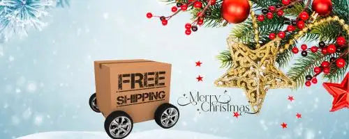 Brauner Pappkarton mit schwarzem Text ’kostenloser Versand’ und silbernen Rädern.