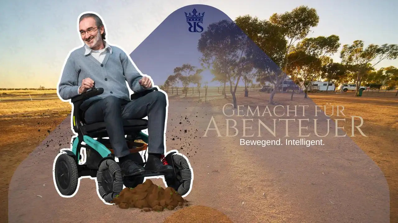 Elektroroller mit türkis- und schwarzen Akzenten, robustem Kunststoffrahmen, großen Rädern für Offroad-Fähigkeit.