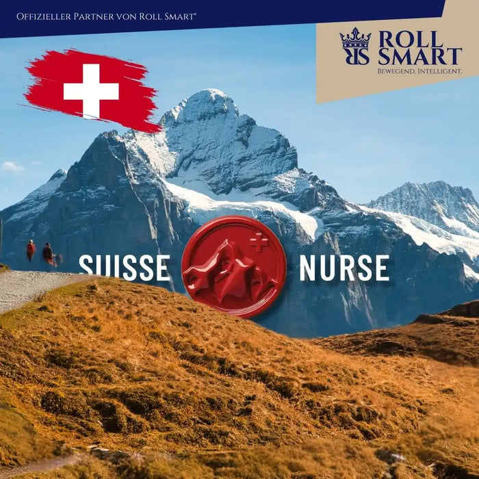 Eine malerische Aussicht auf schneebedeckte Berggipfel unter einem klaren blauen Himmel, mit einem roten runden Emblem mit Bergen und einem Kreuz sowie den Worten »SUISSE NURSE« angezeigt.