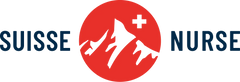 Logo für „Suisse Nurse“ mit einem roten Kreis, der Berge und ein Kreuz zeigt.