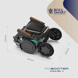 Schwarzer und teal roll smart robooter evolve pro-a elektro-falt-rollstuhl mit orange akzentuierten armlehnen im gefalteten zustand