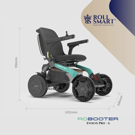 Teal und schwarzer roll smart robooter evolve pro-a elektro-falt-rollstuhl mit robusten outdoor elektrorollstuhl reifen im gefalteten zustand