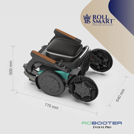 Roll smart® robooter evolve pro elektro-falt-rollstuhl in schwarz und teal mit braunen armlehnen für moderne elektrische mobilität