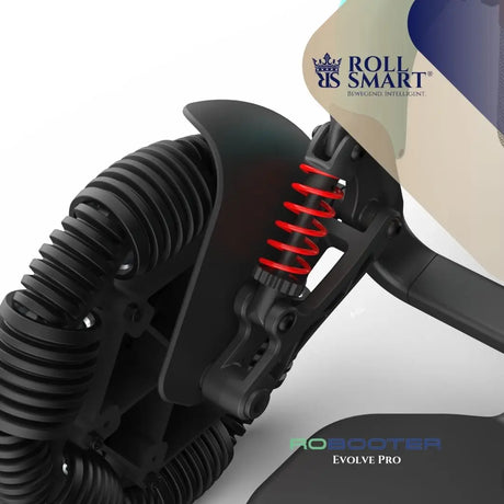 Schwarzer roll smart robooter evolve pro elektro-falt-rollstuhl mit roter spiralfeder und geriffeltem rad für außenbereiche im gefalteten zustand