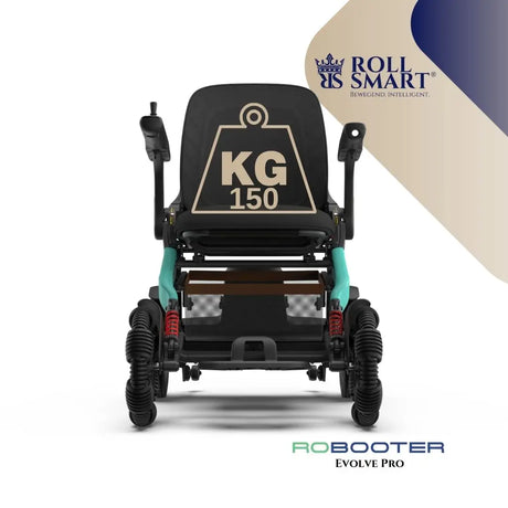 Rückansicht des schwarzen und türkisfarbenen roll smart robooter evolve pro elektro-falt-rollstuhls mit 150 kg gewichtskapazität label