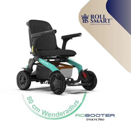 Teal und schwarze roll smart robooter evolve pro elektro-falt-rollstuhl mit gepolstertem sitz und rugged reifen für outdoor elektrorollstuhl im gefalteten zustand
