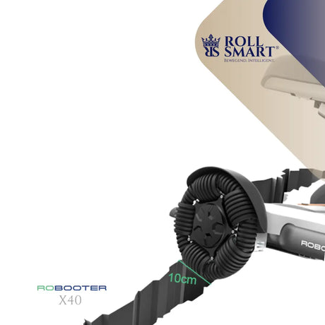 Schwarzes segmentiertes rad mit 10cm durchmesser des roll smart® elektro-falt-rollstuhls robooter x40 automatisch faltbar