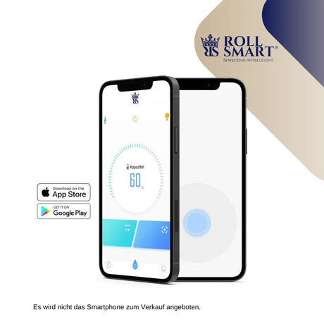 Schwarzes smartphone mit roll smart® app und kreisförmigem batteriestatus 60 prozent für roll smart elektrorollstuhl x40 elektro-falt-rollstuhl