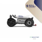 Weiß-grauer roll smart® elektro-falt-rollstuhl x40 mit schwarzen profilt tires und silbernen aluminiumspeichenrädern hinten