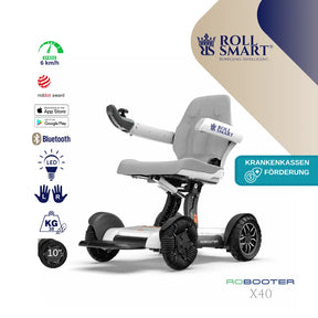 Grau weißer roll smart® elektrorollstuhl x40 mit schwarzen reifen und automatischem faltmechanismus für mobilität