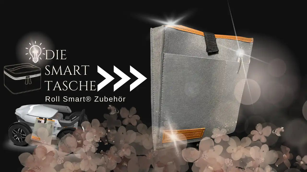 Eine elegante, graue, rechteckige Tasche mit braunem Rand, entworfen als Zubehör für den Roll Smart® Scooter.