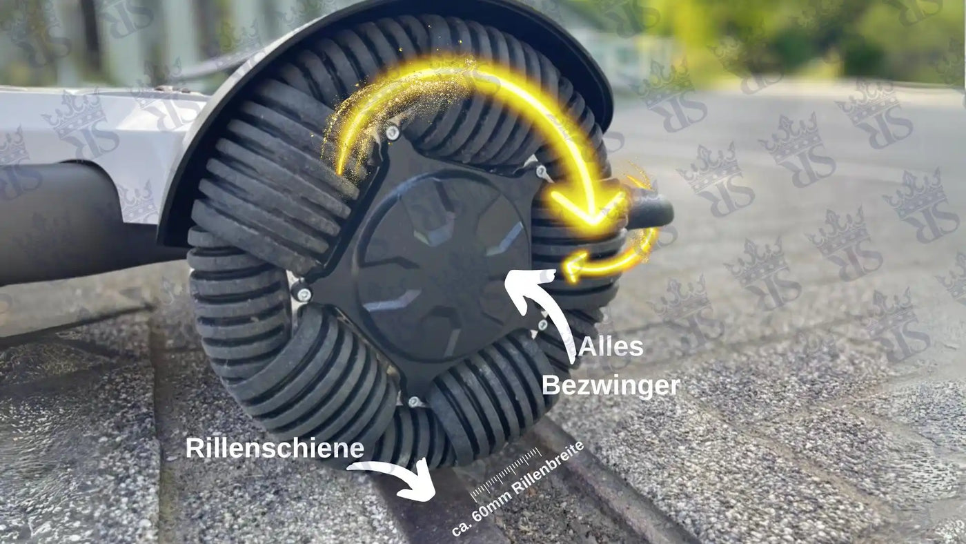 Ein schwarzes, mehrsegmentiertes Rollerrad, das für die Navigation in Rillenbahnen entwickelt wurde.