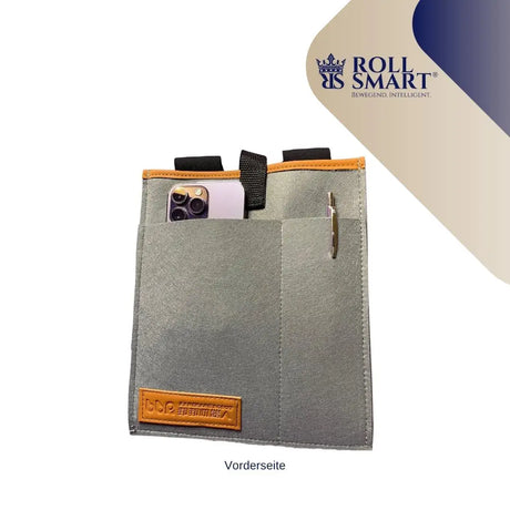 Graue filz smart tasche fuer die armlehne mit orangefarbener umrandung und roll smart lederpatch