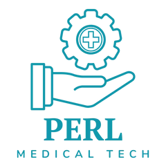 Eine türkisfarbene Umrisszeichnung einer Hand, die ein Zahnrad mit einem Pluszeichen hält, über dem Text »PERL MEDICAL TECH«.
