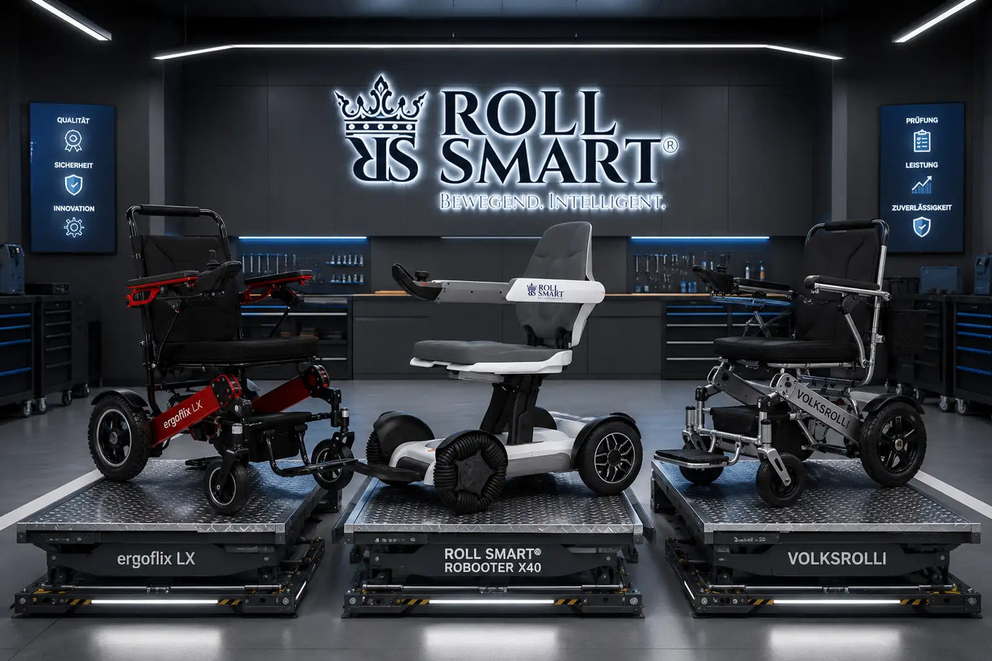 Der zentrale Mobilitätsscooter ist ein eleganter, moderner Roll Smart® Roboter X40 mit einem Design in Weiß und Schwarz, ergonomischem Sitz und großen Rädern.